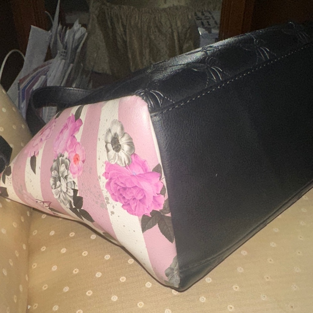 Betsey Johnson Black and Pink Striped Floral Satchel - Picture 7 of 8